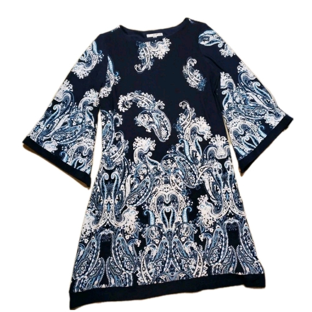 Studio One NewYork M Dress Trumpet 3/4 Sleeve Blue Paisley Textured Knee Length